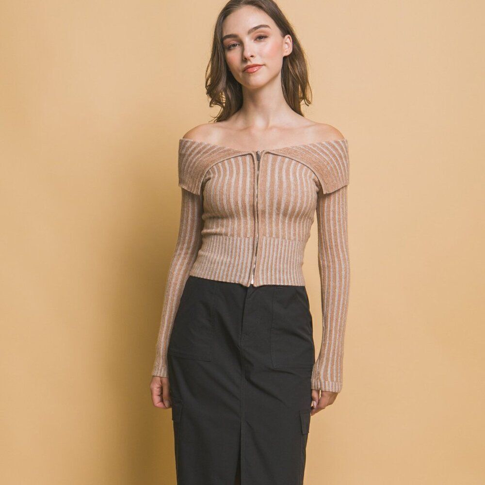 Khaki Ribbed Bardot Zip‎ Up Long Sleeve